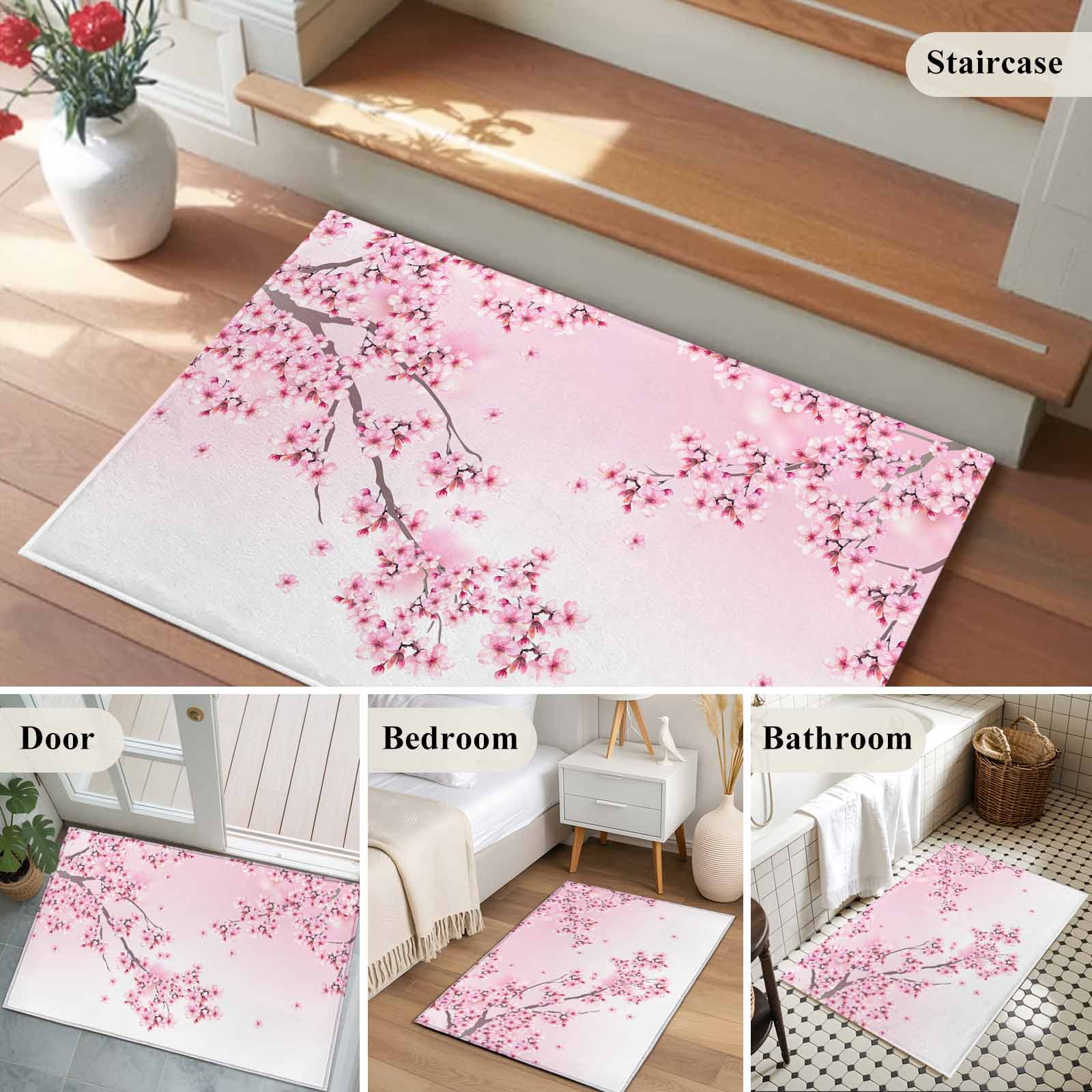 Entrance Runner Rug 2'x3', Cherry Blossom Non-slip Doormat for Indoor Outdoor Entrance, Gradient Tree Pink Flower Plant Washable Throw Floor Mat for Front Door/Living Room/Bedroom/Bathroom/Kitchen