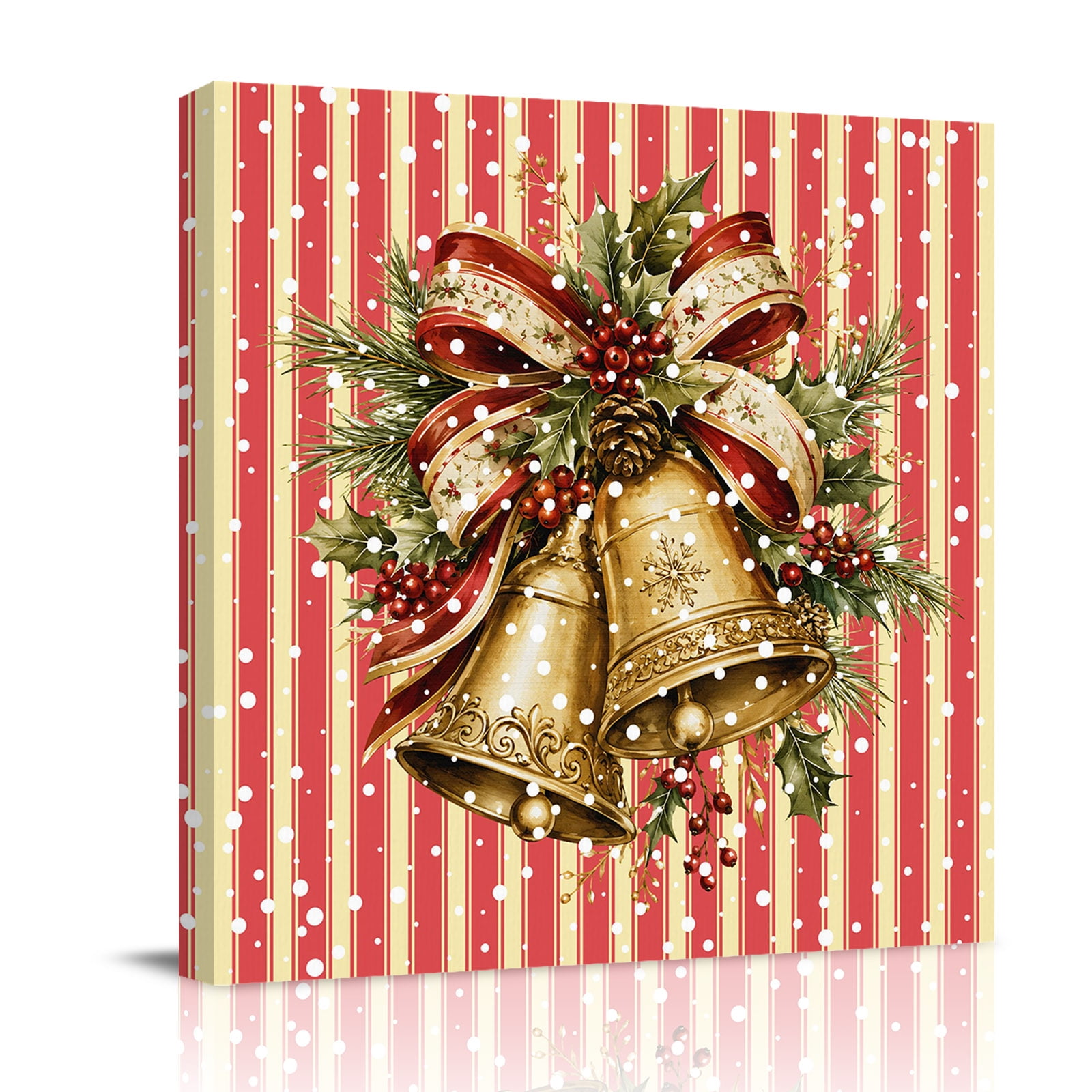 Canvas Wall Art Christmas Balls Framed Canvas Prints for Living Room Bathroom Xmas Snowflake Pine Needle Red Striped Gallery Wrapped Wall Decor for Home Office Gifts 12 x12 Ship Next Day