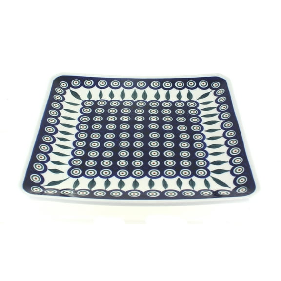 Blue Rose Polish Pottery Peacock Square Dinner Plate