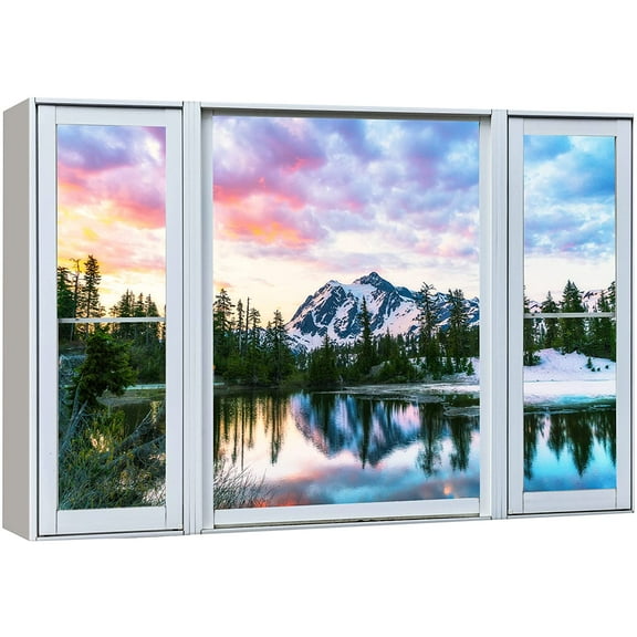 wall26 Canvas Print Wall Art Window View Pastel Sky Mountain Range Forest Lake Wilderness Nature Photography Realism Scenic Landscape Colorful Multicolor for Living Room, Bedroom, Office - 12"x1