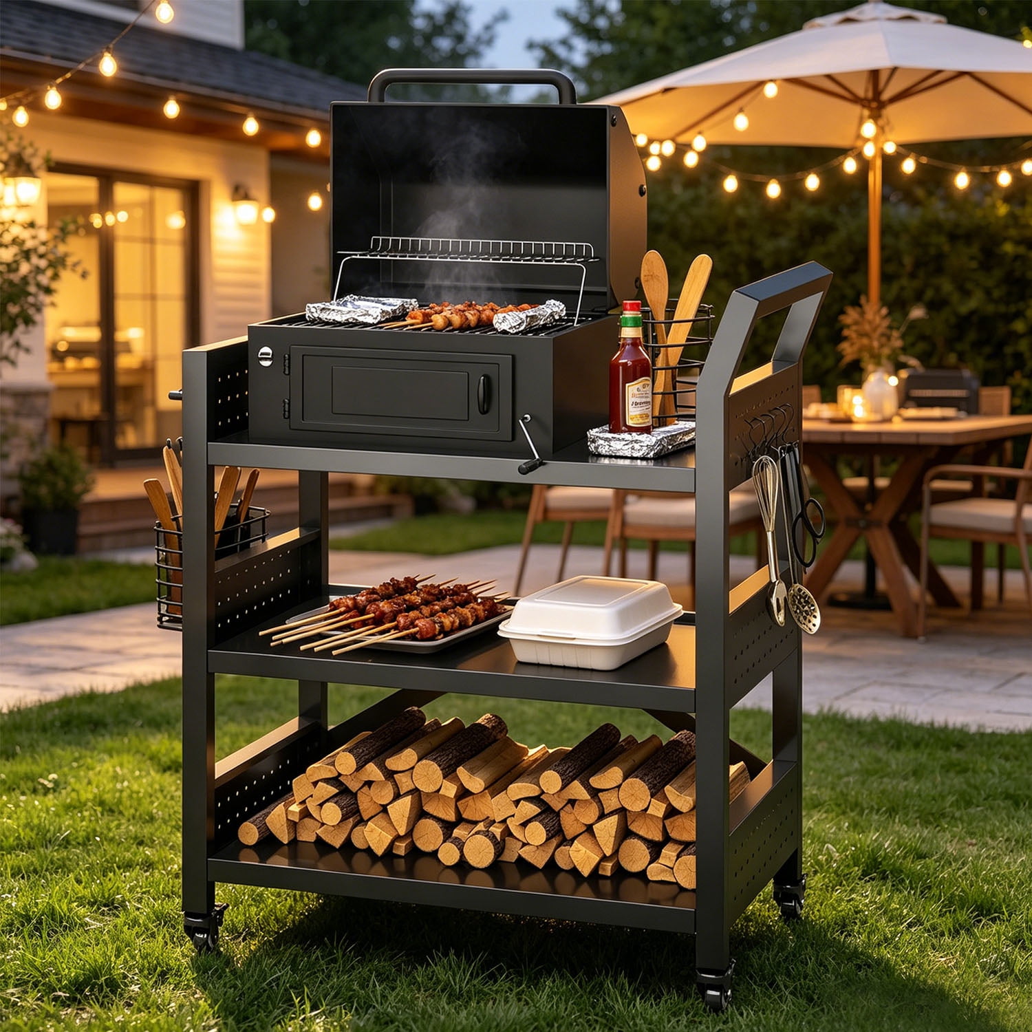 Heavy-Duty Grill Cart with 3-Tier Storage and Pegboard for BBQ