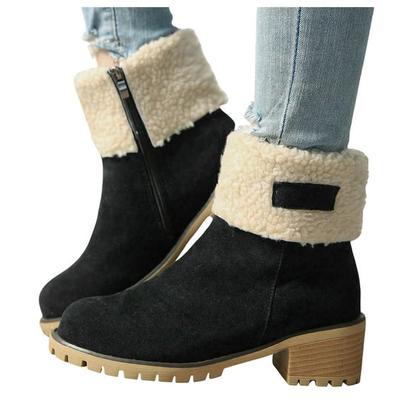Mepaouo Winter Boots for Women Slip on Suede Snow Ankle Booties Side Zipper Mid Chunky Heel Outdoor Shoes Black 6