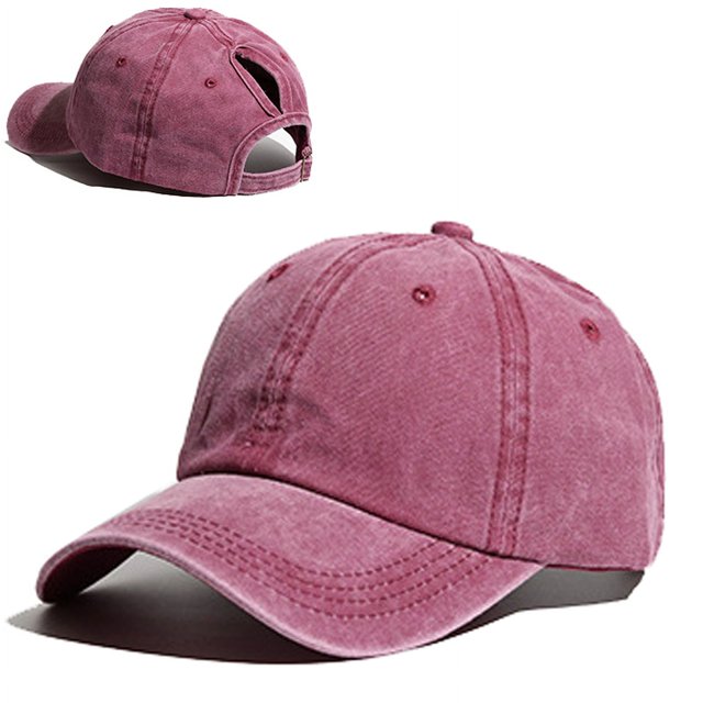 Vintage Ponytail Baseball Cap Women Adjustable Snapback Hat Mesh Distressed Summer Cap Woman Sunhat cotton wine red Adjustable
