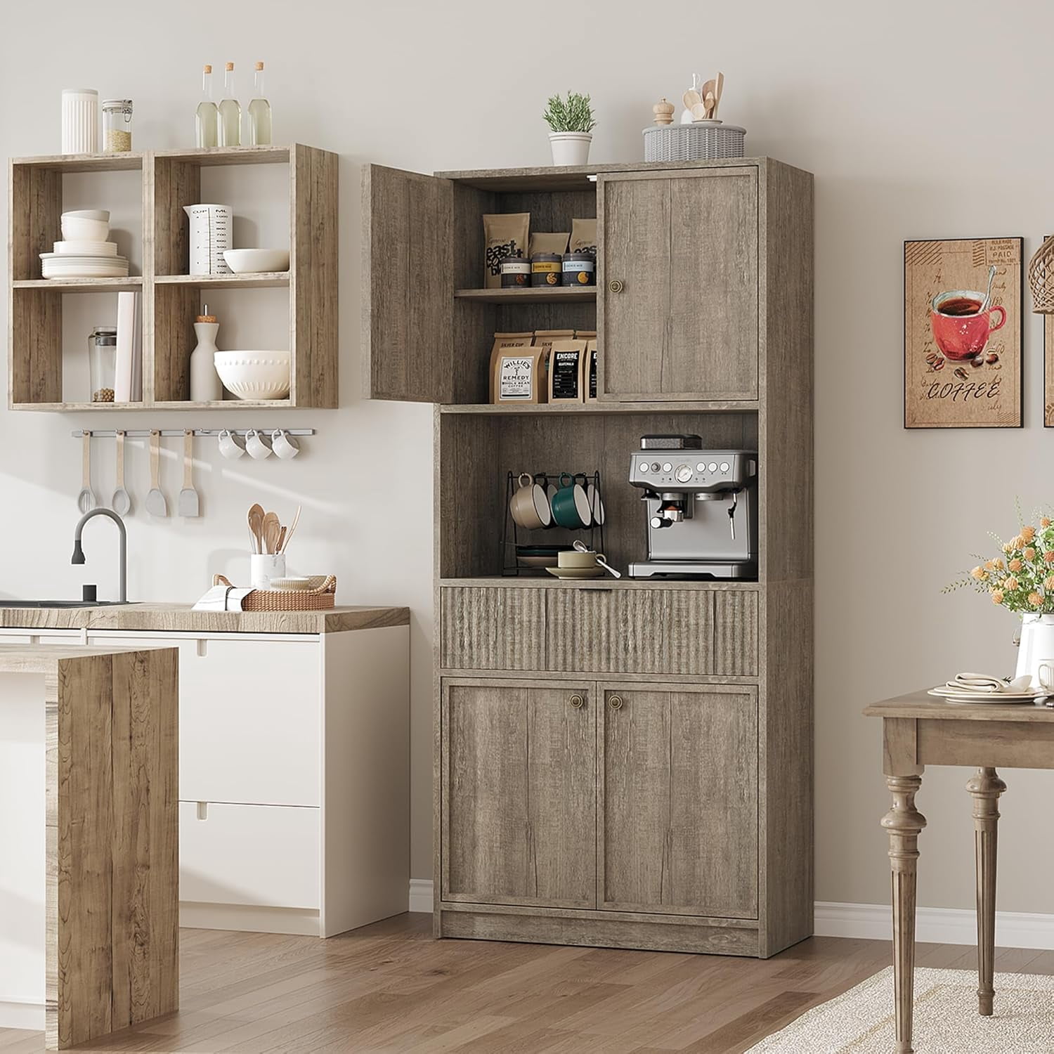 Tall Kitchen Pantry Cabinet, 70" Storage Cabinet with Countertop Shelf and Drawer, Freestanding Fluted Kitchen Hutch Cupboard for Dining Room, Living Room，Grey