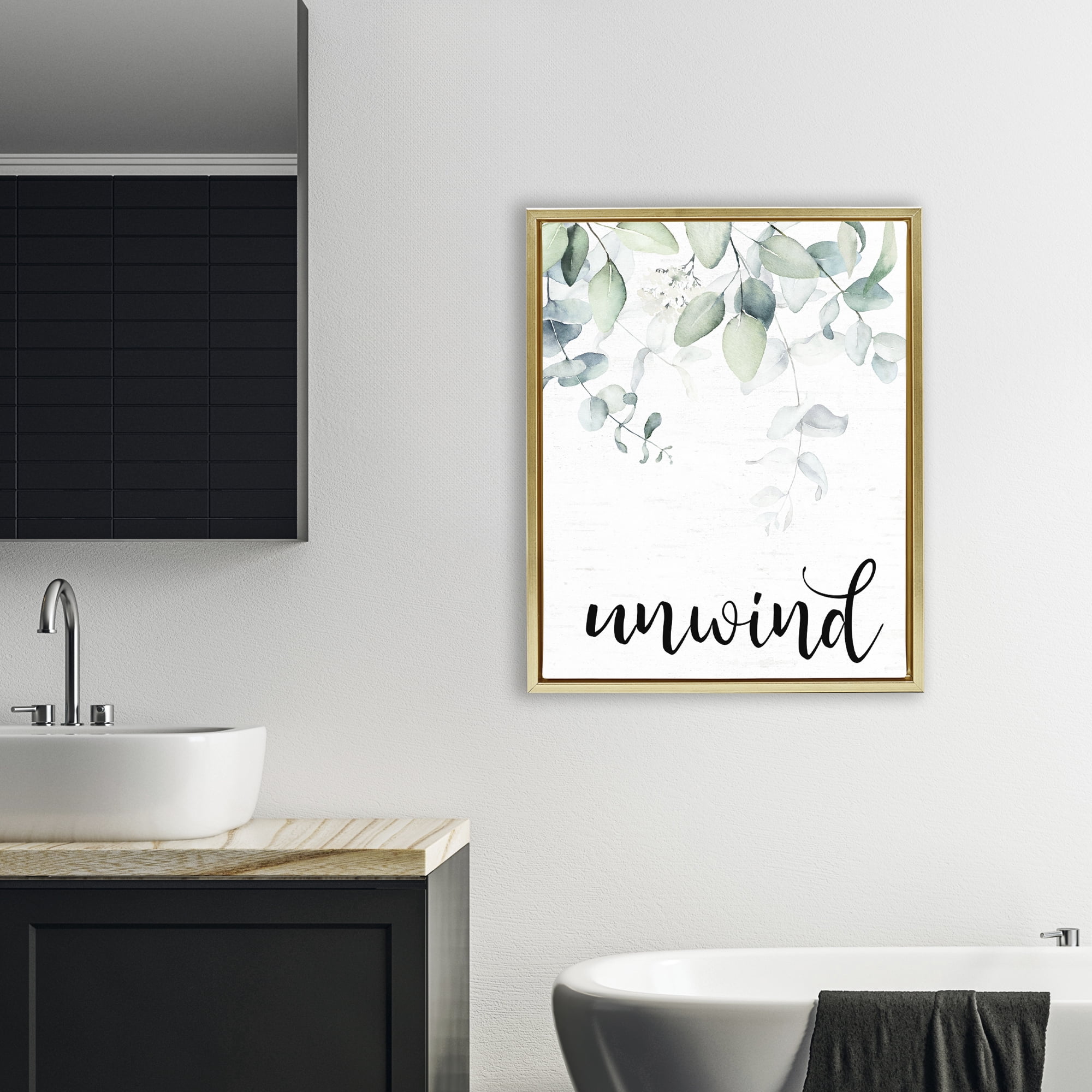 Unwind Leafy Herbs Gold Framed Floater Canvas Wall Art, design by Lettered and Lined