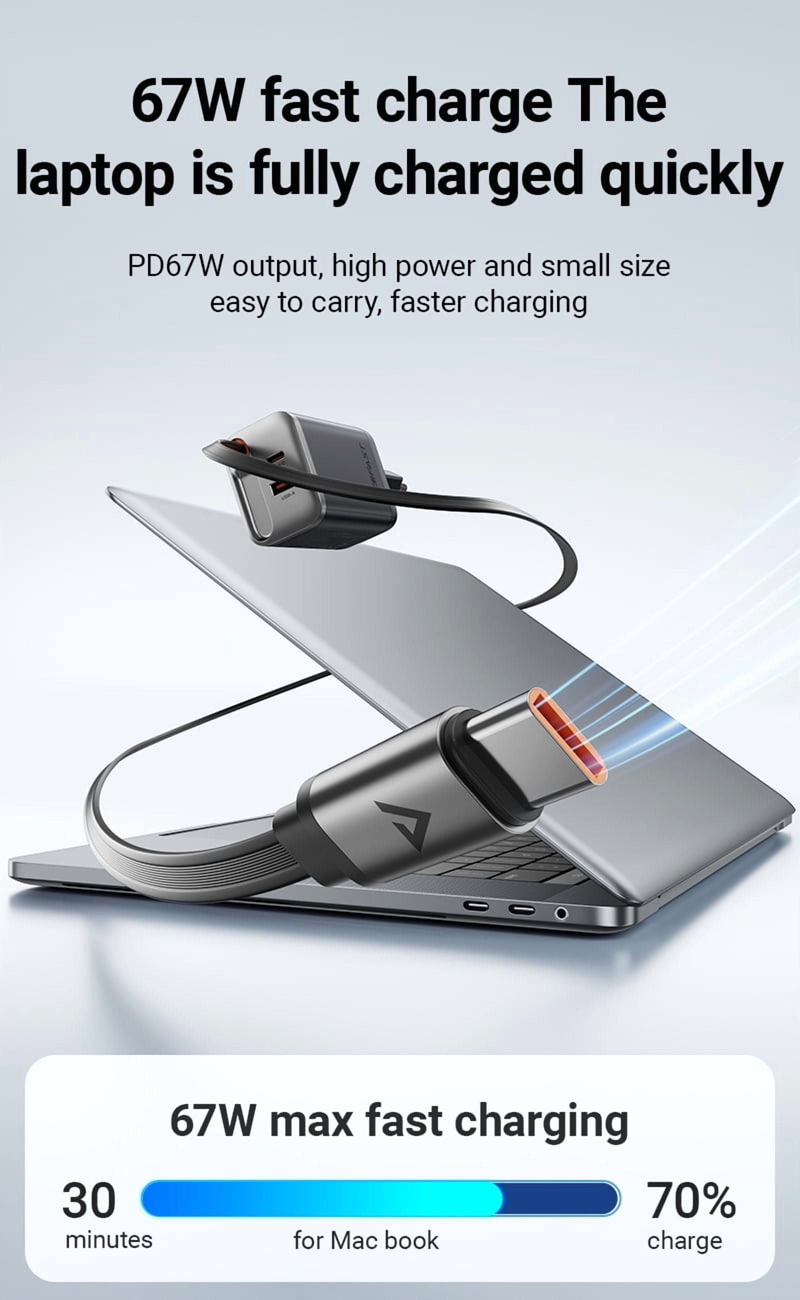 ACEFAST 67W GaN Charger (2×USB-C + USB-A) with 65cm Retractable Cable PD FFast Charging for Laptop/Tablet/Phone