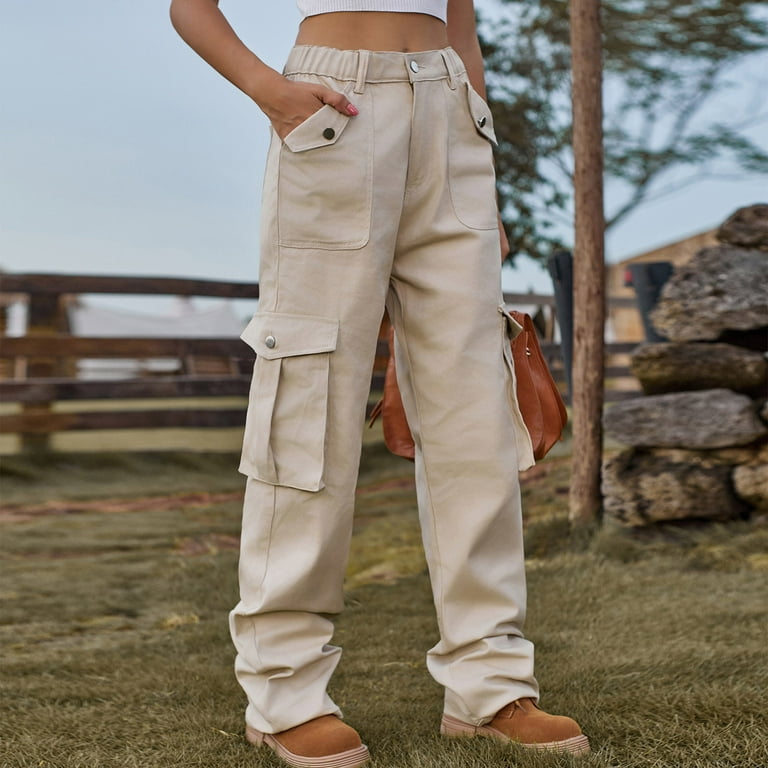 RYRJJ Women's High Waist Cargo Pants Stretch Baggy Combat Military Pants  Multiple Pockets Straight Wide Leg Y2K Fashion Streetwear Trousers(Khaki,M)  