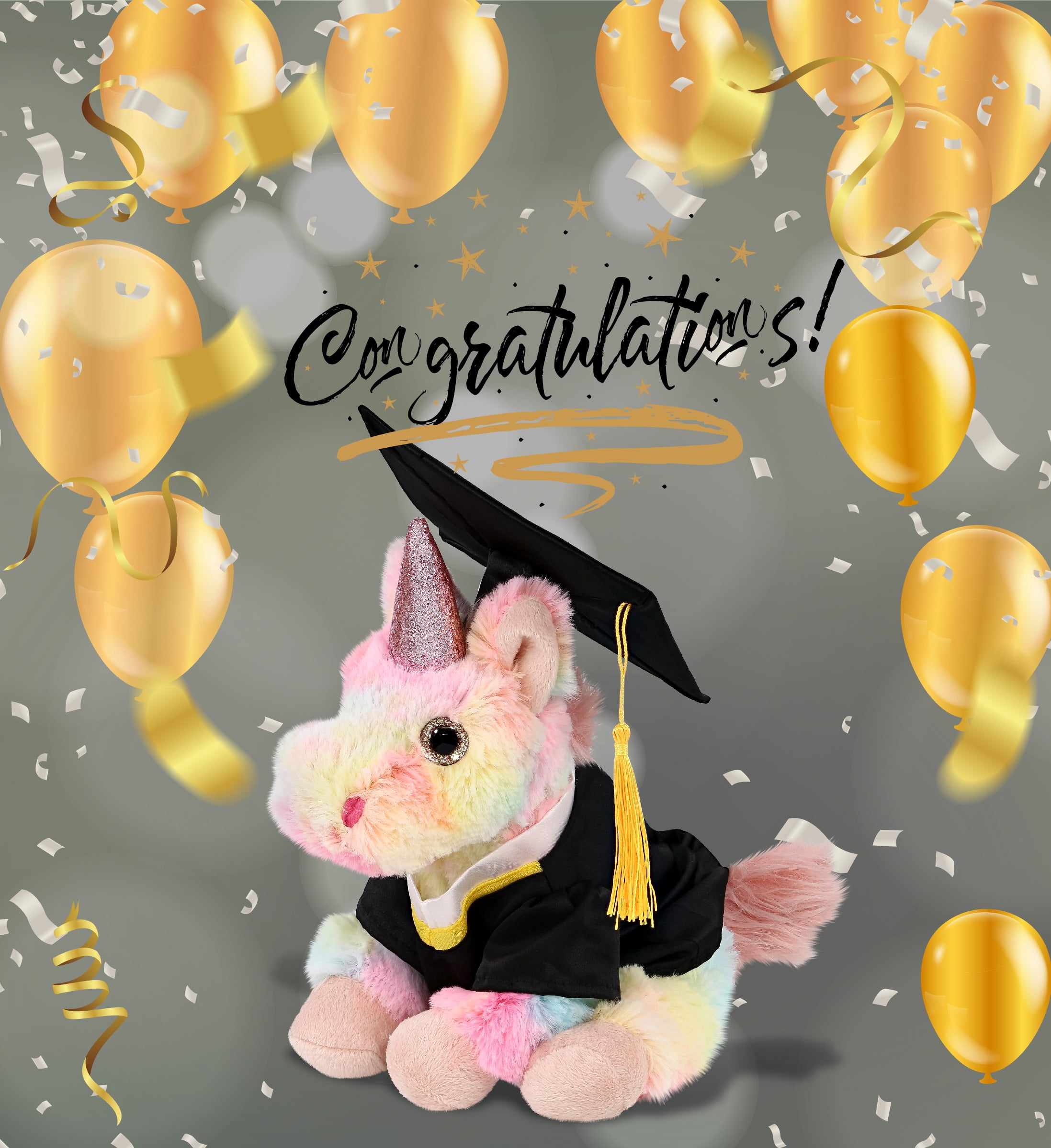 DolliBu Super Soft Rainbow Unicorn Graduation Plush Toy – Cute Plush Graduation Unicorn Stuffed Animal Dress Up in Black Graduation Cap with Tassel – Congratulatory Graduation Gift – 9 Inches