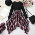 thumbnail image 4 of VNKIDY Girls Daily Wear Set Children Kids 2 Piece Outfits Long Sleeve Crewneck Knitted Top Plaid Patchwork Dress With Belt Asymmetrical Hem For A Fashion Look Cozy Outfits, 4 of 6
