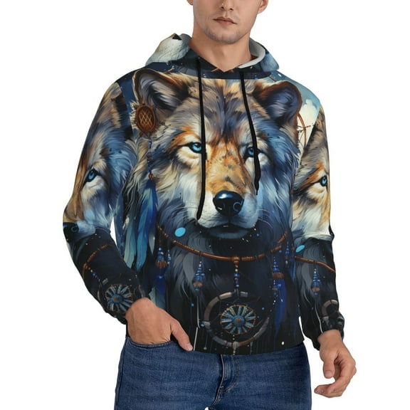Men's Hoodie Pullover Casual Hooded Sweatshirt 3D, Wolf Indian Dream Starry