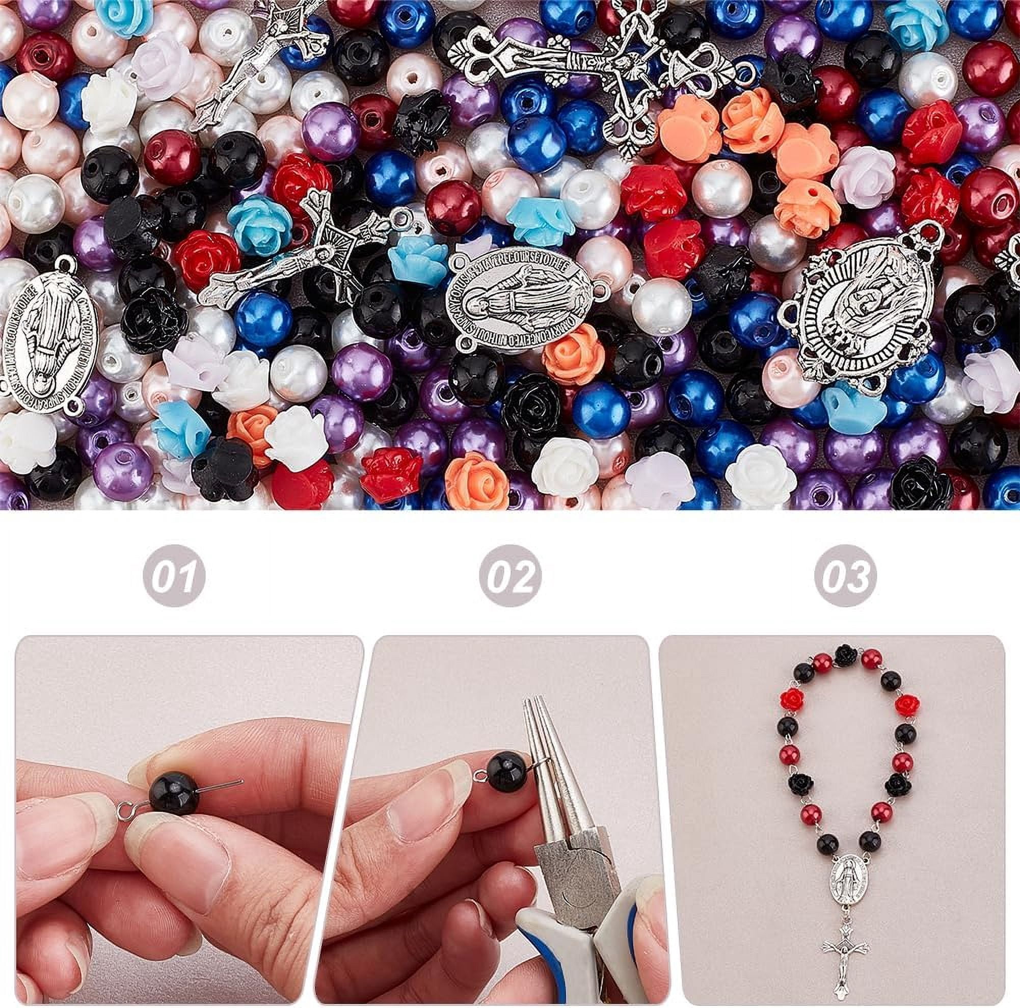 1set 647pcs Rosary Jewelry Making Kit Prayer Making Supplies Necklace Set 8mm Glass Pearl Beads Cross Charms Rose Beads for Mubarak Ramadan Jewelry Making Bracelet Earring