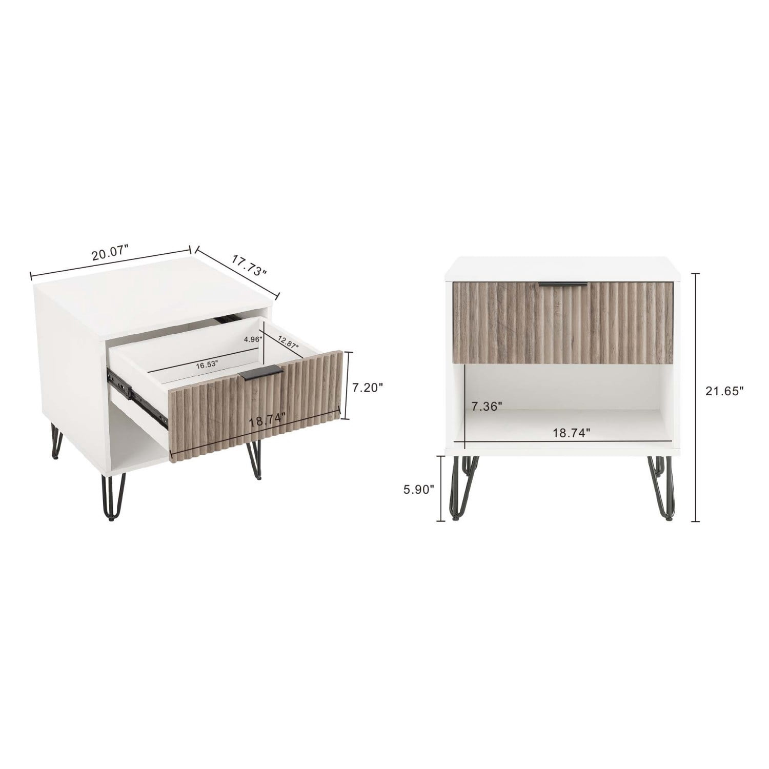 Nightstand, Modern Glam Bedside Table with 1 Drawer, Vertical Ribbed Texture, Gold Handle and Splayed Metal Legs, Storage End Table for Bedroom Living Room, Grey & White