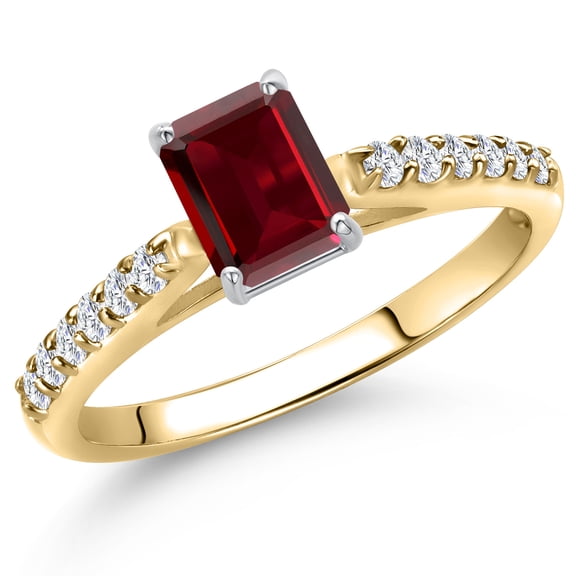 Gem Stone King 10K Two Tone Gold Red Garnet and Lab Grown Diamond Engagement Ring for Women | 0.98 Cttw | Emerald Cut 6X4MM | Gemstone January Birthstone | Size 9