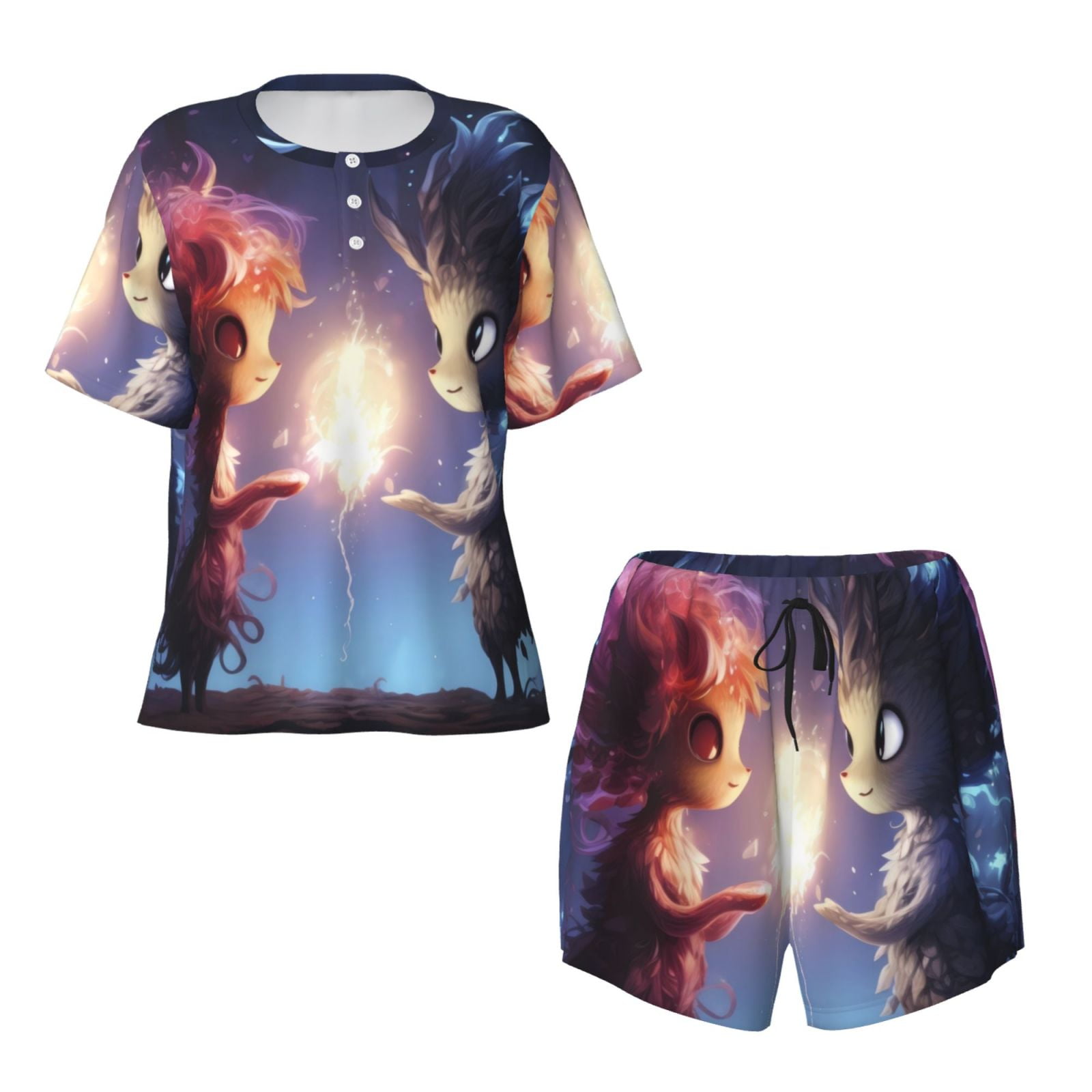 Picia Dreamy Forest Elf Pajamas Sets for Women Soft Short-Sleeved Pjs with Lounge Shorts Two Piece Sleepwear-4X-Large