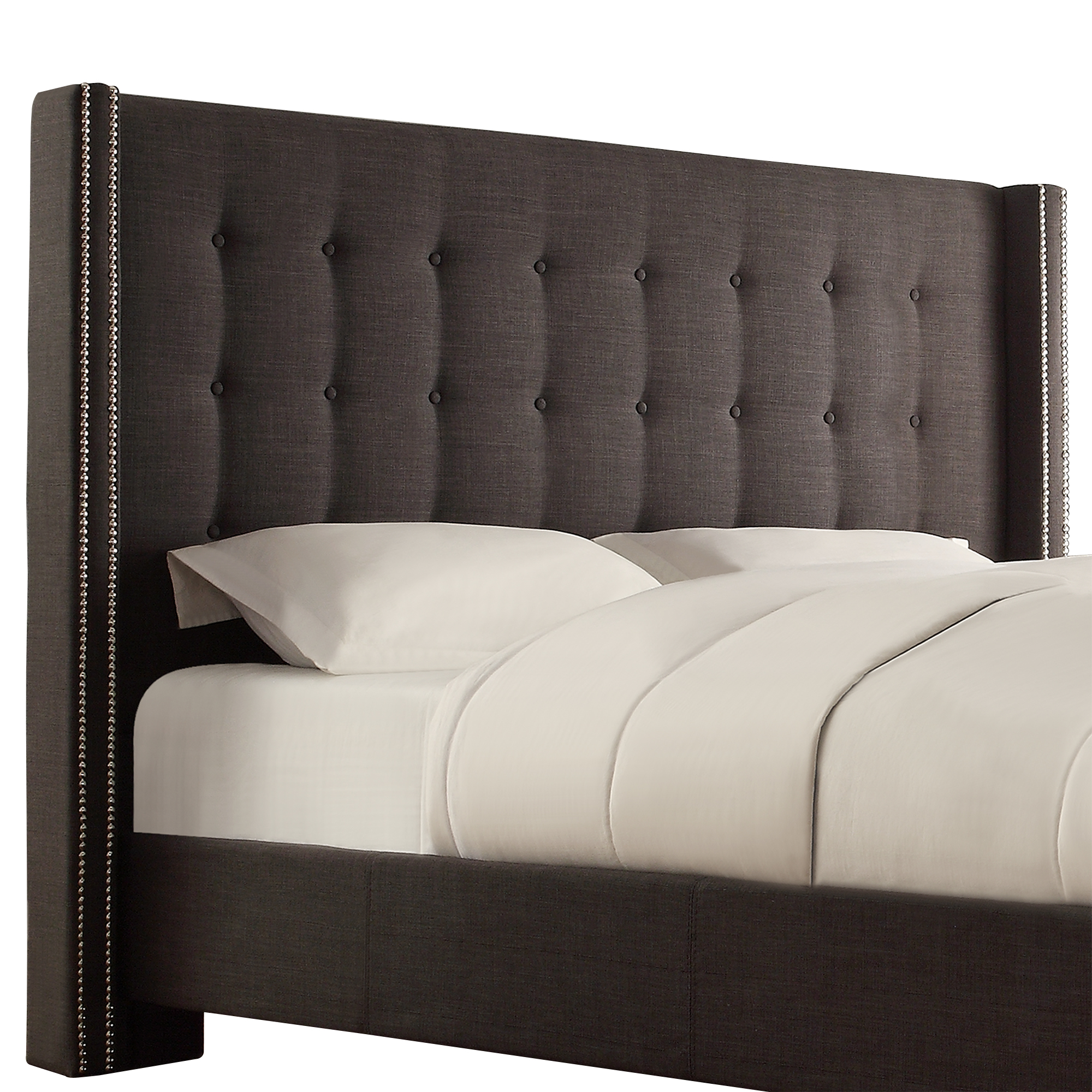 Weston Home Curtis I Upholstered Queen Bed with Wingback Nailhead Headboard, Dark Gray