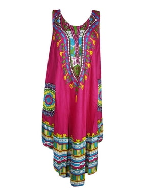 Mogul Women Pink African Print Dashiki Loose Tank Dress Round Neck Sleeveless Flared Hippy Chic Sundress S