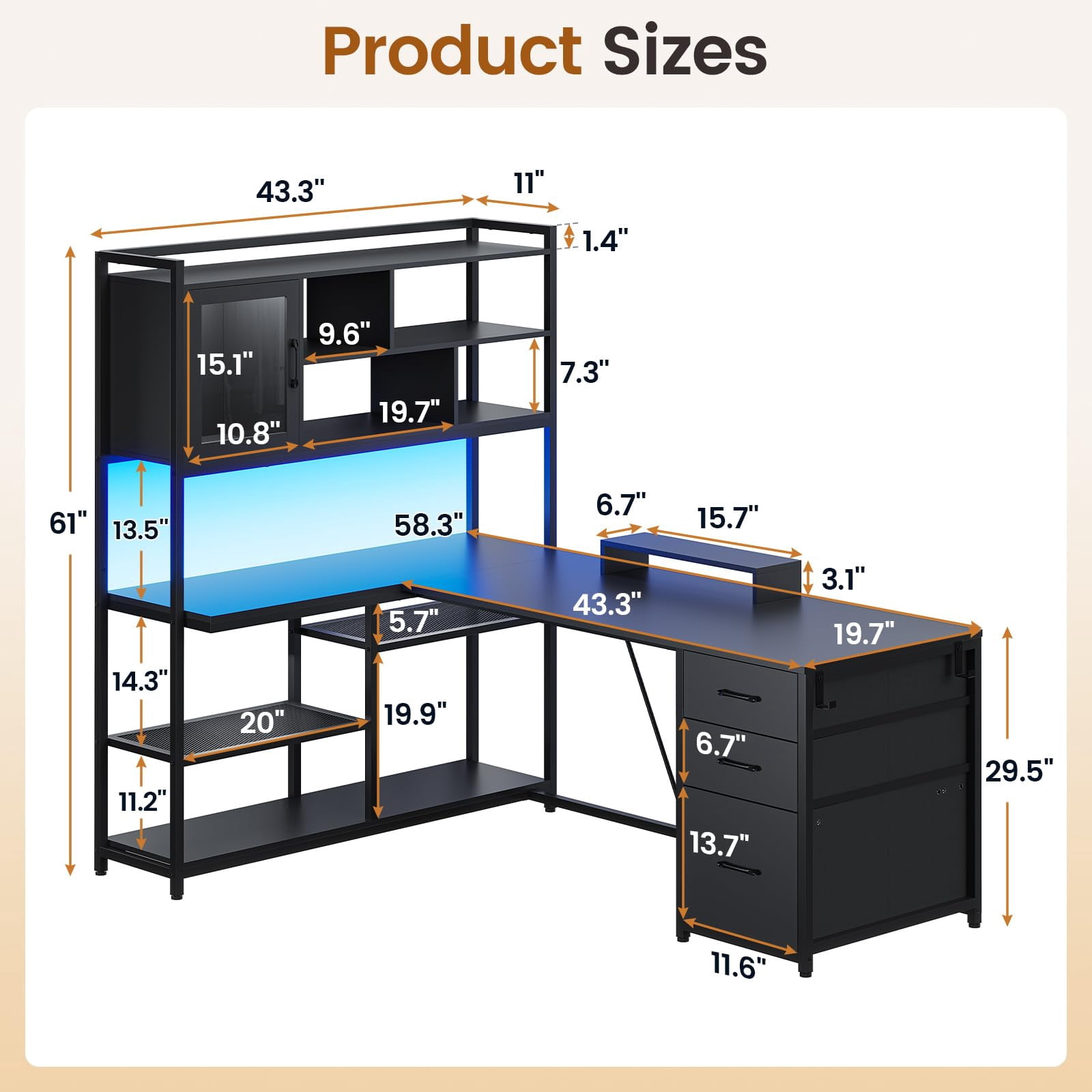 L Shaped Computer Desk with 7-Tier Storage Shelves and Drawers, Reversible Office Desk with Monitor Stand and Hooks, Black