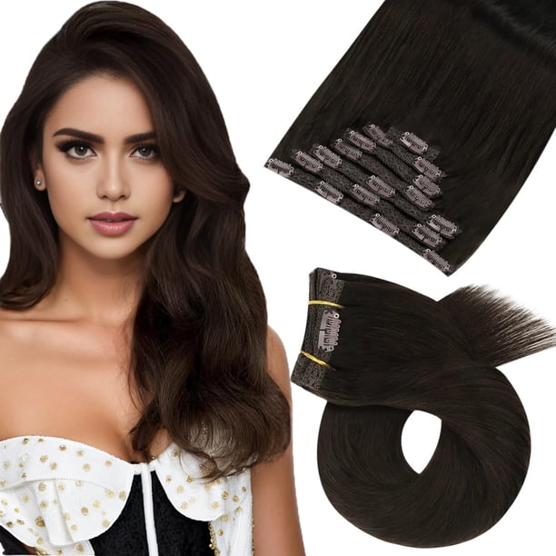 Moresoo Extensiones de cabello humano con clip, extensiones de cabello marrón, extensiones de cabello humano con clip en cabello humano marrón más oscuro, doble trama, extensiones de cabello con clip,