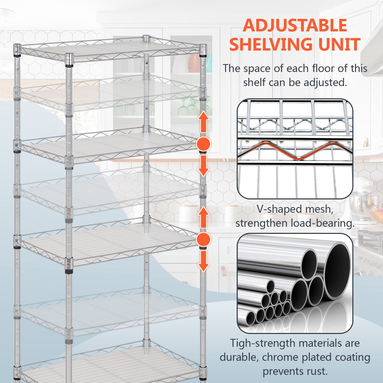 NiamVelo 4-Tier Storage Shelves Adjustable Wire Shelves Metal Shelf with 4 PP Sheets for Kitchen Bathroom  Garage, Chrome