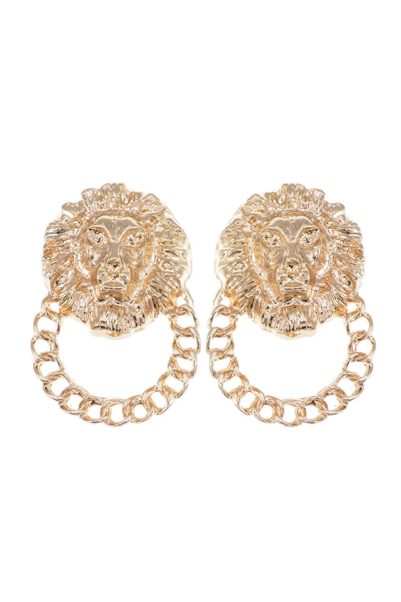 Golden Tone Venetian Etched Lion King Heads Chain Hoop Stud Dangle Earrings