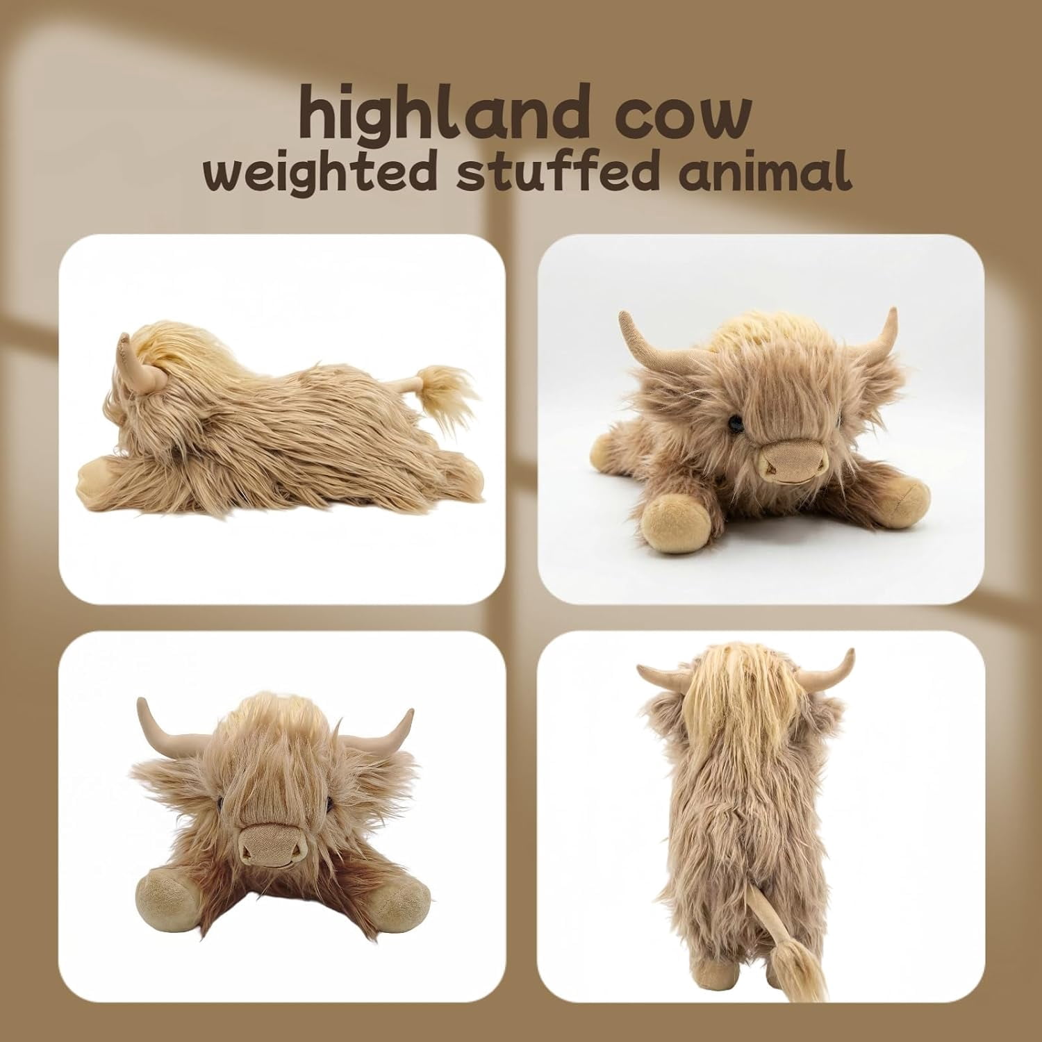 Guvpev 16" Weighted Highland Cow Stuffed Animal, Soft Shaggy Cow Plush Toy for Anxiety Relief and Sensory Comfort, Cuddly Farmhouse Cow Plush Pillow, Unique Birthday Gift
