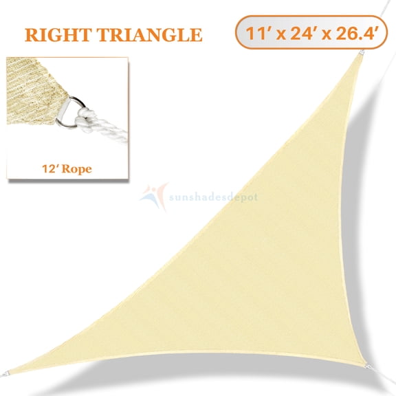 Sunshades Depot 11' x 24' x 26.4' Sun Shade Sail Right Triangle Permeable Canopy Tan Beige Custom Size Available Commercial Standard