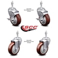 thumbnail image 2 of 4 Inch SS Maroon Polyurethane Swivel 3/8 Inch Threaded Stem Caster Set 2 Brake, 2 of 2