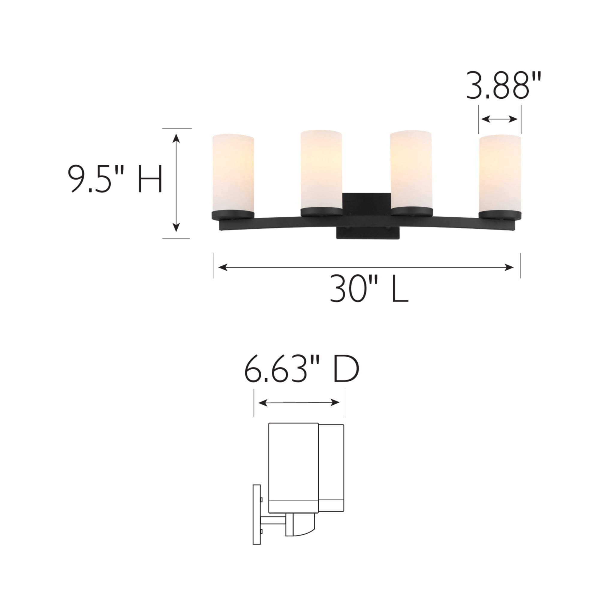 Breckham 4-Light Vanity Light in Black, 30.0 in Curved Bar with Frosted Glass