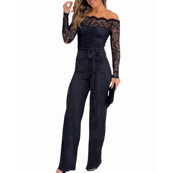 ChicMe Jumpsuits for Women Lace Trim Off Shoulder Long Sleeve Slim Fit Overalls Straight Leg Pants Jumpsuit with Belt Black-S
