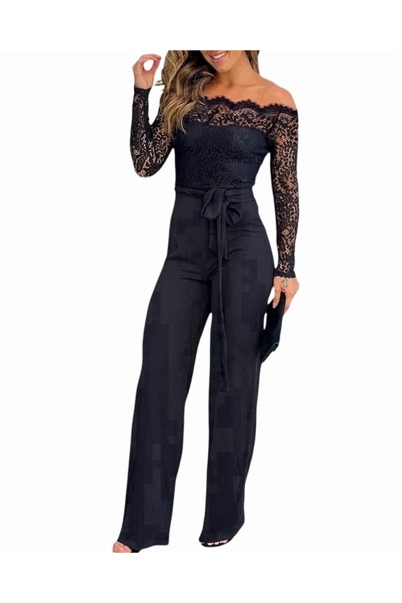Jumpsuits for Women Lace Trim Off Shoulder Long Sleeve Slim Fit Overalls Straight Leg Pants Jumpsuit with Belt Black-M