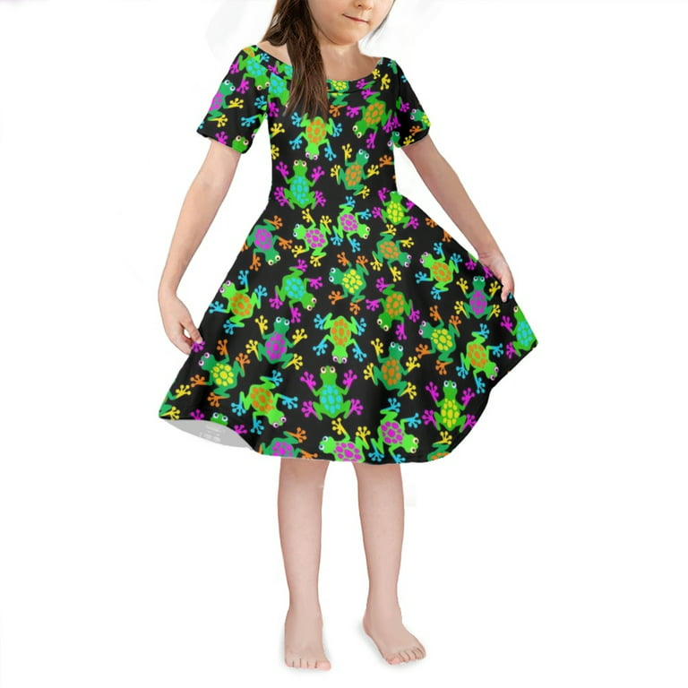 NETILGEN Green Tree Frog Design Print Cute Teen Girl Dresses for