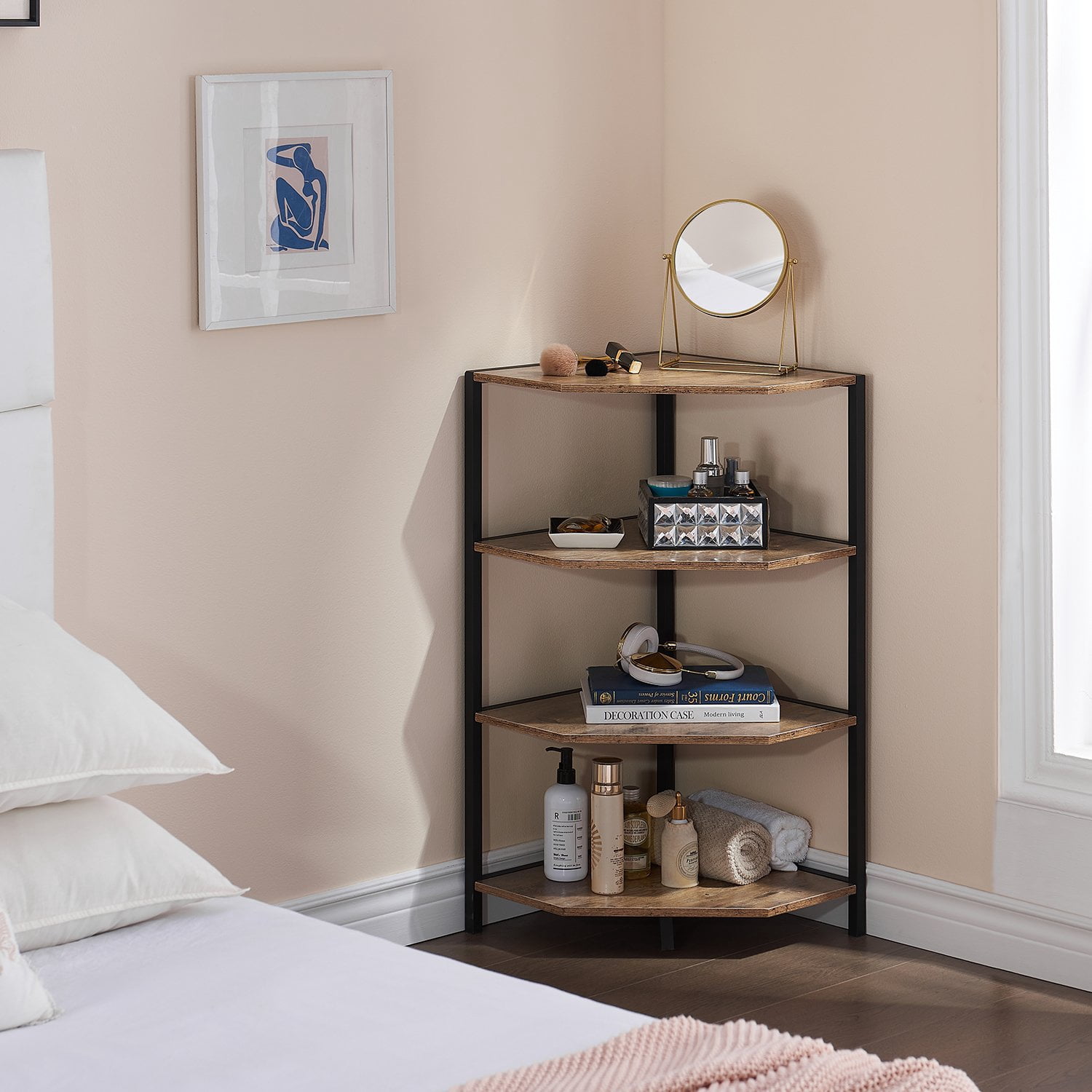 VECELO 4-Tier Corner Shelf, Multipurpose Wood Storage Stand for Small Spaces, Bedroom, Living Room, Gray