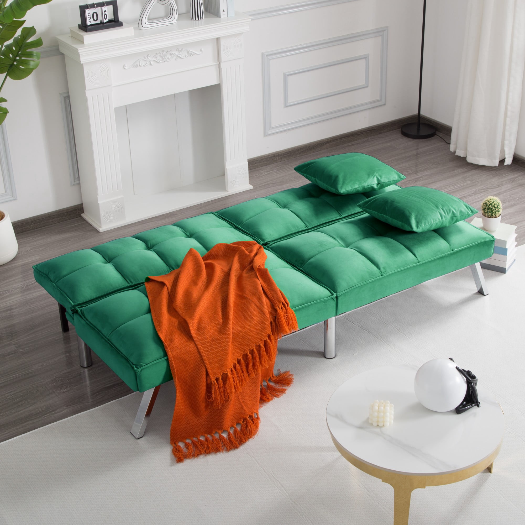 Gewnee Green 67.7” Twin Convertible Sleeper Sofa, Velvet Tufted Split-Back with 2 Toss Pillows for Home Office
