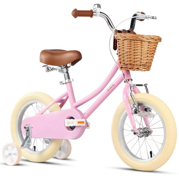 Glerc Little Miss 12 Inch Kids Bike for Girls Ages 2-4, Retro Vintage Toddler Bicycle with Training Wheels Basket Bell, Pink