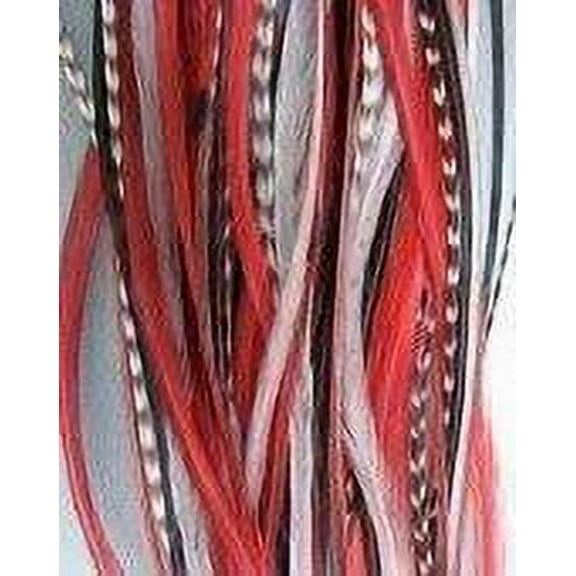 4-6 Red,black,white & Grizzly Feathers for Hair Extensions Bonded Together At the Tip Salon Quality Feathers! 5 Feathers