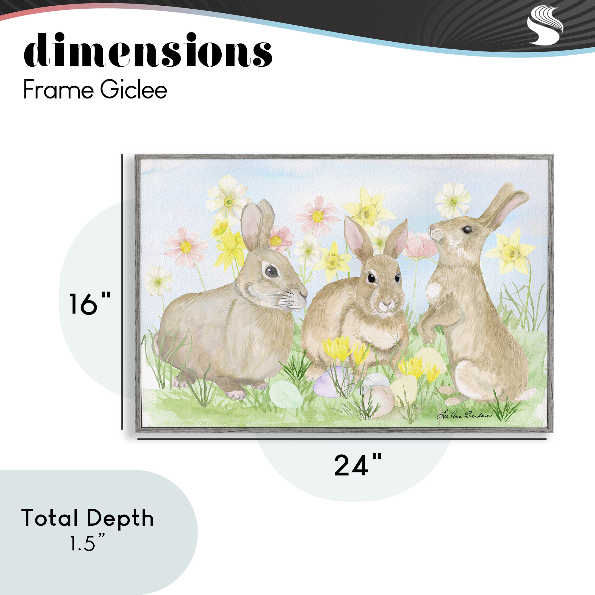 Three Bunnies In The Grass Gray Framed Giclee Art, design by Lee Ann Sanders