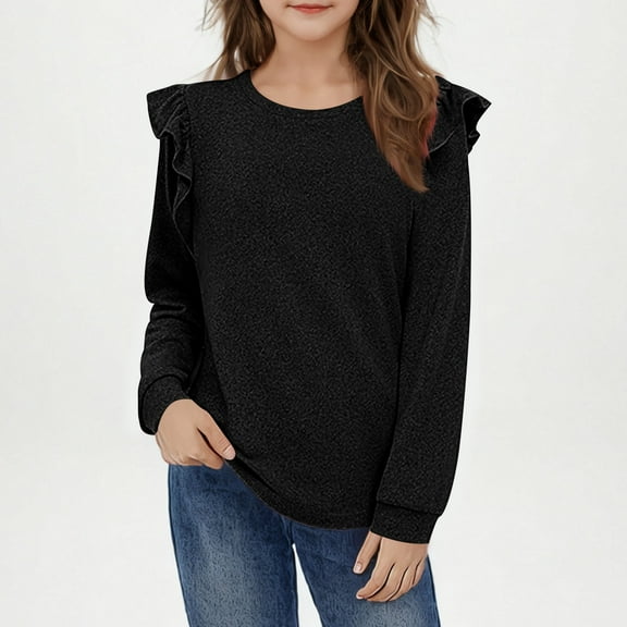 LpwkSSA Children Kids Girls Long Sleeve Shirts Spring Fashion Round Neck Basic Tops Casual Loose Comfy Tshirt Tunic Tops (Black,11-12 Years)