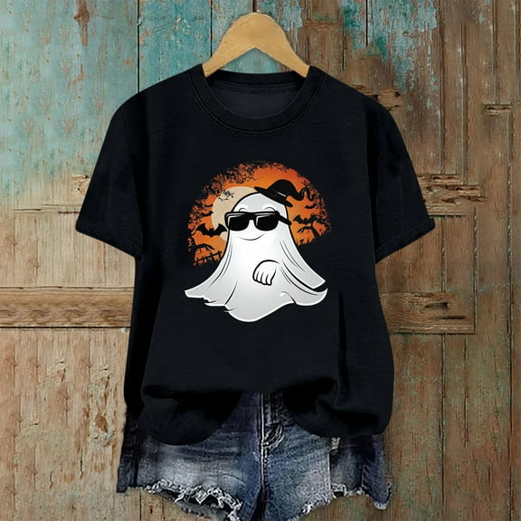 Jsaierl Halloween Shirts Women Plus Size Pumpkin Ghost Print Tees Classic Round Neck T-shirt Short Sleeve Dressy Casual Blouse Tops Halloween Gifts