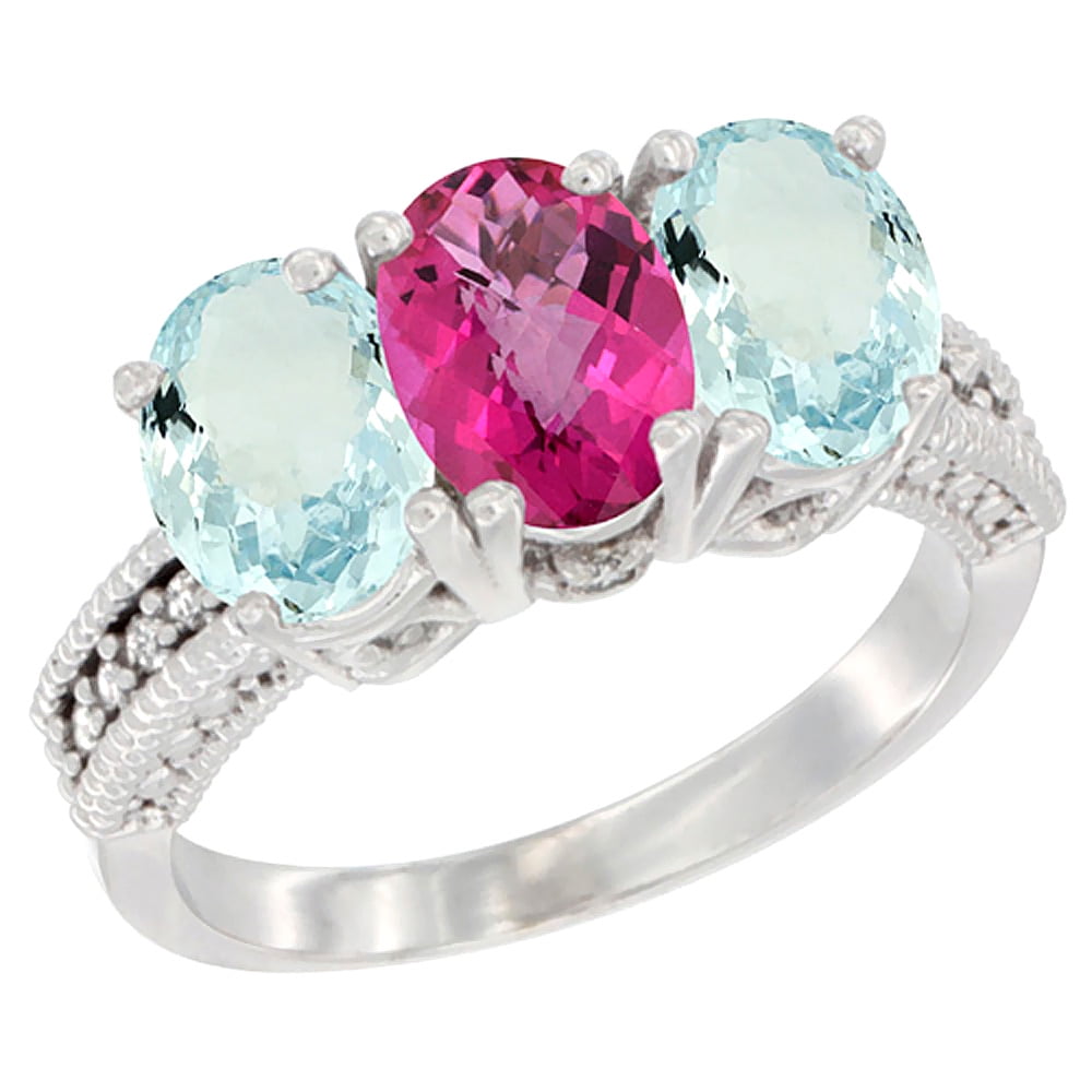 14K White Gold Natural Pink Topaz & Aquamarine Sides Ring 3-Stone Oval 7x5 mm Diamond Accent, sizes 5 10 by WorldJewels