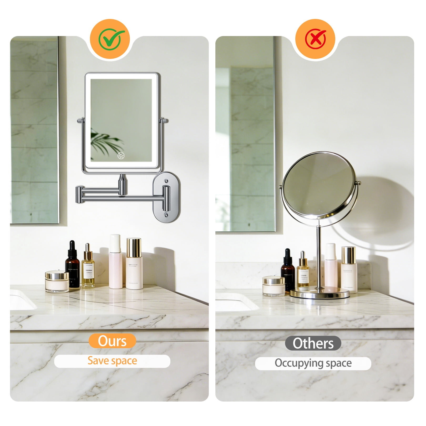 Funtouch Double Sided 1X 10X Magnifying Wall Lighted Mounted Makeup Mirror with Extended Arm, 360° Swivel Foldable, 3 Color Settings, Chrome