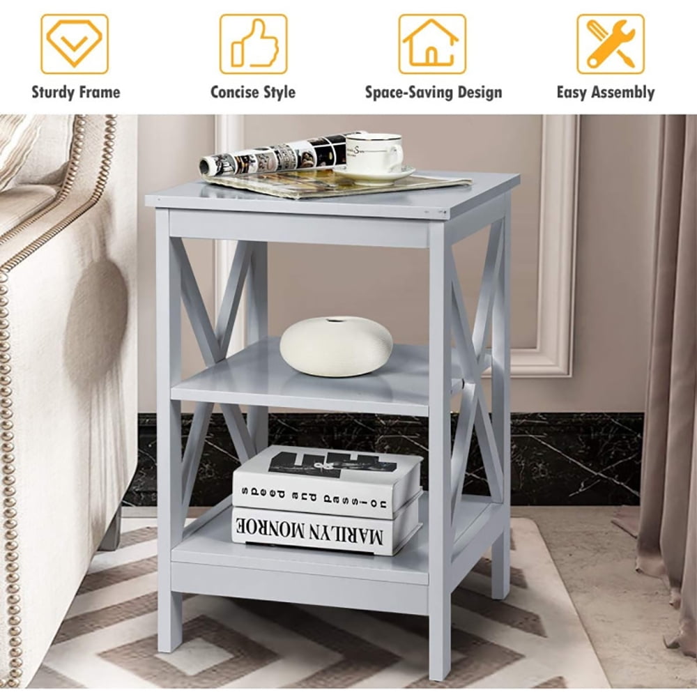 Finihen End Table, 3-Tier X-Design Nightstands with Storage Shelves, Bed Side Tables, for Living Room, Bedroom, Gray Finihen End Table, 3-Tier X-Design Nightstands with Storage Shelves, Bed Side Tables, for Living Room, Bedroom, Gray
