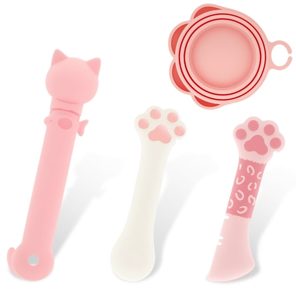 Ikoopy 4 Pcs Silicone Pet Food Can Supplies Set with Cat Strip Feeder Spoon Practical Cat Food Can Supplies Set for Pets Wet Food Feeding Pink