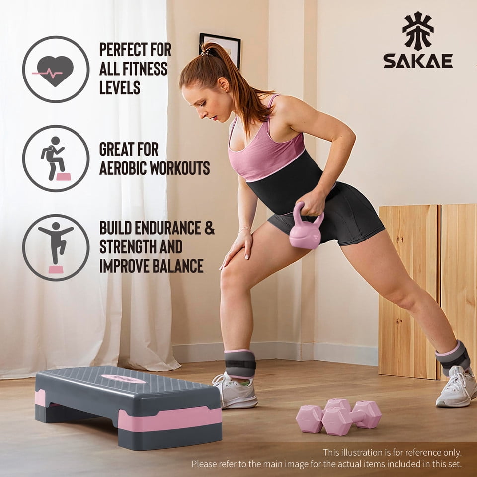 SAKAE Pink Step Aerobics Platform Set with Kettlebell & Measuring Tape, Aerobic Steppers for Exercise at Home, Adjustable Height 2 Level Risers Workout Step Trainer with Non-Slip Surface