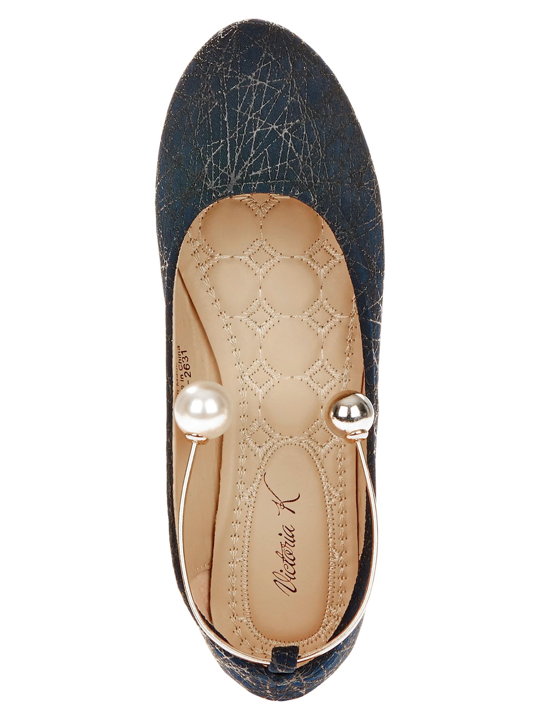 Victoria K Women's Retro Print With Pearl And Gold Ornament Ankle Bracelet Ballet Flats