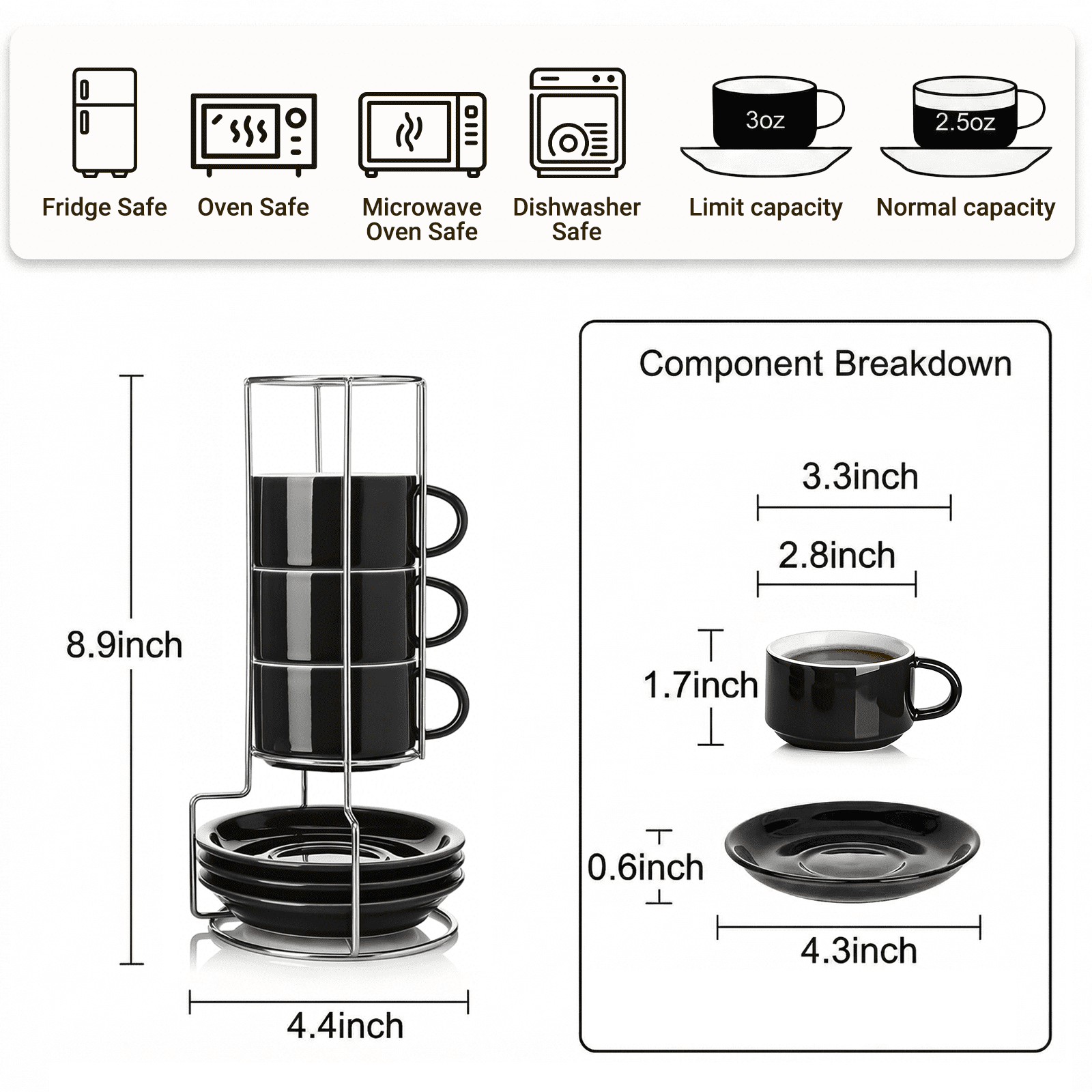 3 oz Espresso Cups for Coffee Lovers, Stackable Ceramic Demitasse Cups with Saucers and Metal Rack for Espresso, Cortado & Macchiato, Black, Set of 4