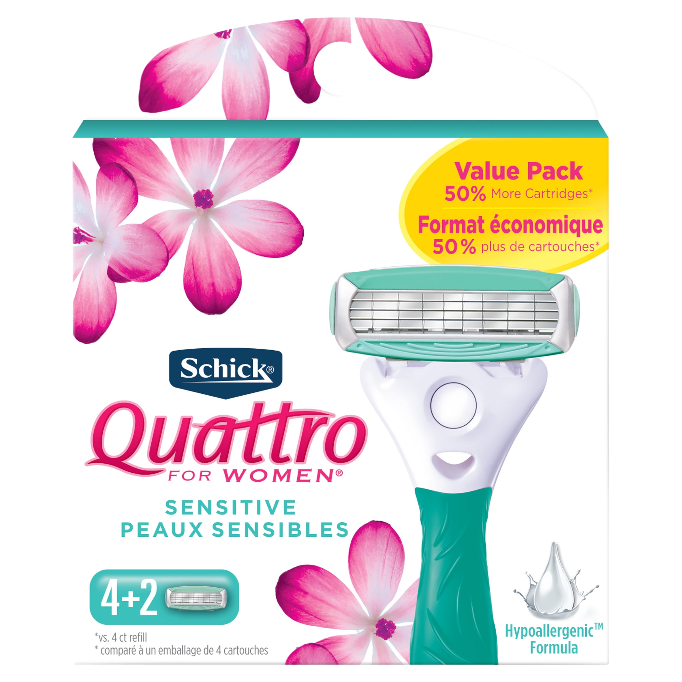 Schick Quattro Women's Sensitive Razor Blade Refills, 6 Count