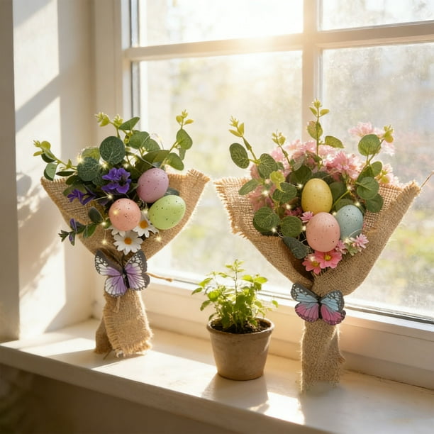 Árbol de Decoración de Huevos de Pascua con Luces Led, Soportes para Flores Artificiales, Adornos de Escritorio