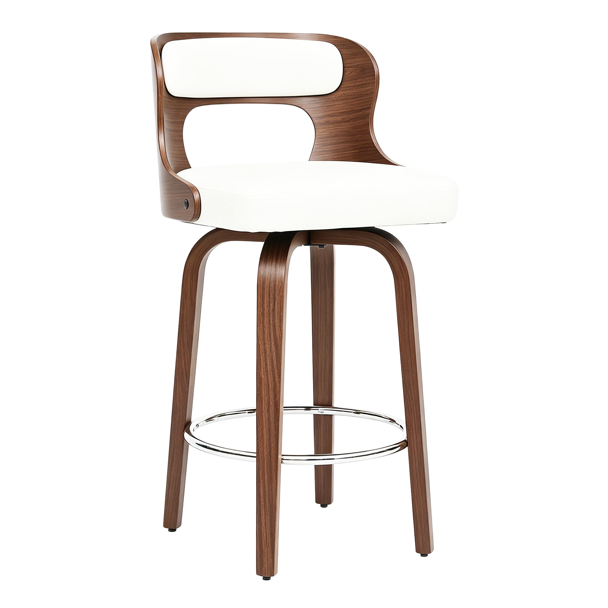 ClinQ 26 inch Swivel Bar Stools Set of 3, Counter Height Bar Chairs with Walnut Legs and Silver Ring Footrest, Upholstered Faux Leather, White