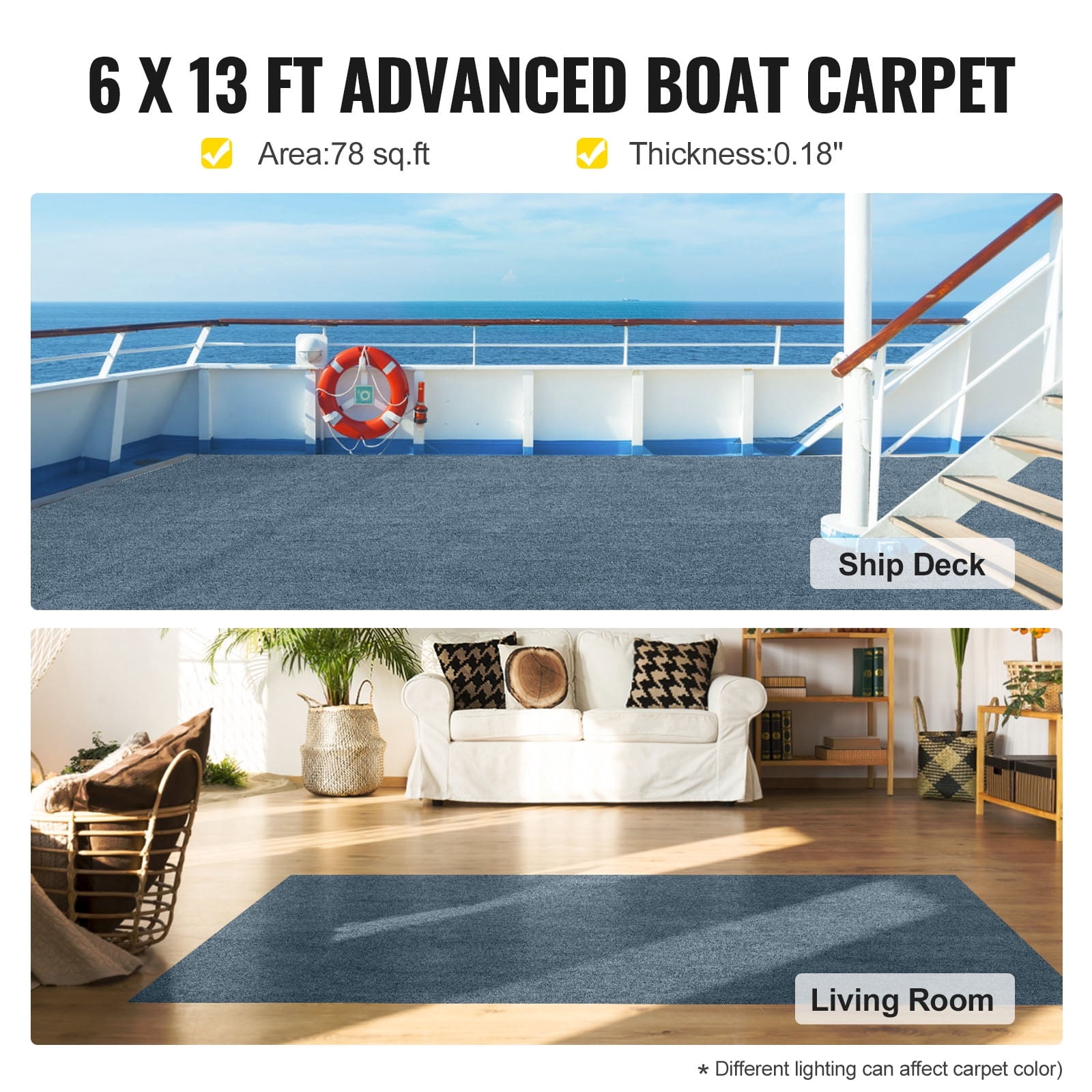 KFFKFF Grey 6x13 ft Boat Carpet Rugs, Marine Carpet Indoor Outdoor Rugs for Patio Deck Anti-Slide TPR Water-Proof Back Cut Outdoor Marine Carpeting Easy Clean