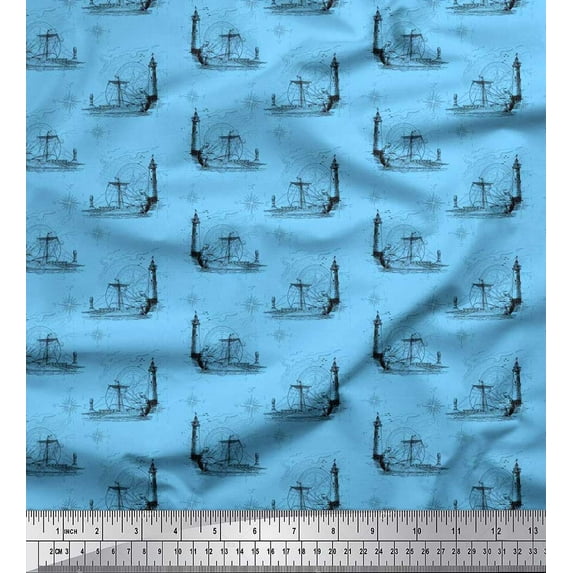 Soimoi Cotton Duck Fabric Direction Compass,Lighthouse & Yacht Nautical Print Fabric by The Yard 56 Inch Wide